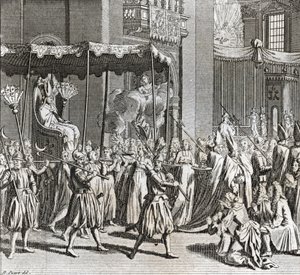 Solemn Inauguration of the Pontificate: the burning of a cloth Engraving from Illustration de ceremonies et customs religieuses de tous les peuples du monde by Bernard Picart (1723-1743) 1819 Private collection