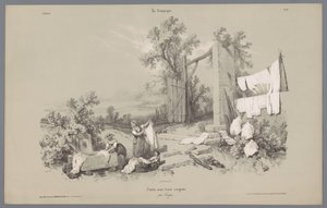 Two Women and a Girl Doing Laundry Outside (Scenes of Rural Life series)