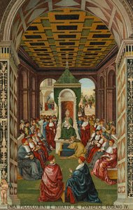 Enea Piccolomini before Pope Eugene IV by Bernardino di Betto (after) Pinturicchio
