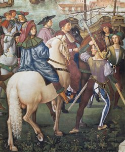 Enea Silvio Piccolomini departing for Basel in the capacity of secretary of the Bishop of Ferrara, (detail) from the Stories of Pius II