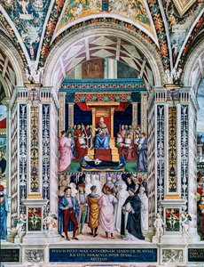 The Piccolomini Library, south west wall: Pius II canonizes St. Catherine of Siena, June 29 by Bernardino di Betto Pinturicchio