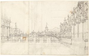 A Capriccio of Palaces and a Loggia Facing a Classical Bridge by Bernardo Bellotto