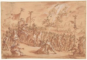 A Holy Bishop Kneeling Beside the Procession of a Roman Emperor by Bernardo Castello (attributed to)