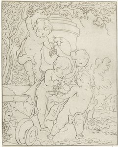 Four Putti Picking Grapes by a Vase by Bernhard Schreuder