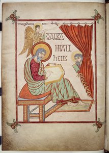 Cotton Nero D. IV, f.25v St. Matthew, Writing, with His Symbol, from the Lindisfarne Gospels, 710-721 by Bishop of Lindisfarne Eadfrith