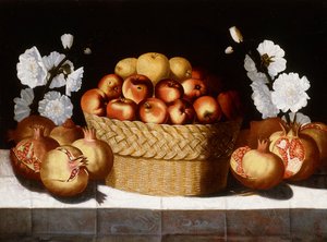 Apples in a Wicker Basket, Pomegranates and Hollyhocks on a Draped Ledge