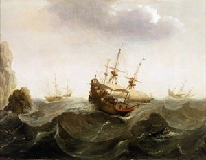 A Dutch trading ship to the East Indies lets two herring fishing boats pass, mid-17th century by Bonaventura Peeters