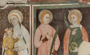North Transept, Altar of St. Michael the Archangel, Behind the Altarpiece the Frescoes of Bonifacio Bembo, Virgin and Child Saint Aquilina and Saint Catherine of Alexandria by Bonifacio Bembo
