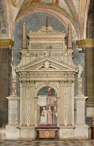 North Transept, Altar of St. Michael the Archangel, Behind the Altarpiece the Frescoes of Boniface Bembo, Virgin and Child Saint Aquilina and Saint Catherine of Alexandria, Above symbol of Humility by Bonifacio Bembo