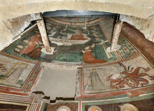 North Transept, Altar of St. Michael the Archangel, Behind the Altarpiece the Frescoes of Bonifacio Bembo, Virtue Faith and Humility, Coronation of the Virgin and Christ surrounded by Angels