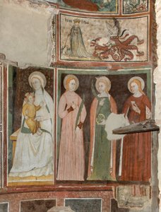 North Transept, Altar of St. Michael the Archangel, Behind the Altarpiece the Frescoes of Boniface Bembo, Virgin and Child Saint Aquilina and Saint Catherine of Alexandria, Above symbol of Umilitas by Bonifacio Bembo