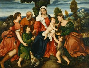 The Holy Family with Tobias and the Angel, Saint Dorothy, Giovannino, and the Miracle of the Corn Beyond by Bonifazio Veronese