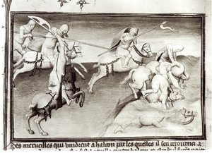 The Mongol leader, Hulagu, khan of the Ilkhanate chases his cousin, Berke, khan of the Kipchak or Golden Horde in 1262, forcing him into a river, from Livre des Merveilles du Monde