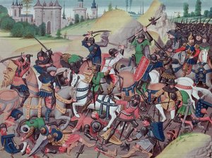 Battle between Saracens and Christians during the Crusades, from Chroniques des empereurs by David Aubert, 1462