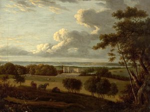 Landscape near the Coast (view of a mansion with the sea in the distance) by British School
