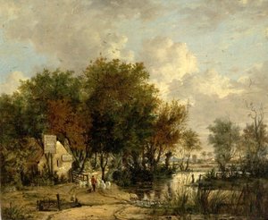 River Scene, Boy Driving Sheep by British School