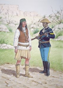 A Chiricahua Apache Warrior and a Corporal of 10th Regiment of US Cavalry in 1886, from a set of six tableaux by Bryan Fosten