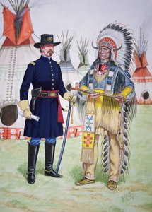 Chief Red Cloud of the Oglala Sioux offers pipe of peace to an officer of the 5th Regiment of US Cavalry at the signing of the Fort Laramie Treaty of 1868, from a set of six tableaux by Bryan Fosten