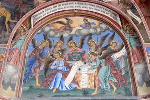 Bulgaria, Rila Monastery, Angel Fresco at Church of Nativity of Virgin by Bulgarian School