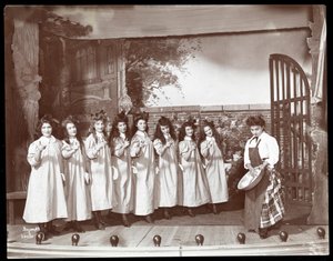 A scene from an amateur production of a play titled Angelina, The Orphaned Heiress presented at Barnard College, New York