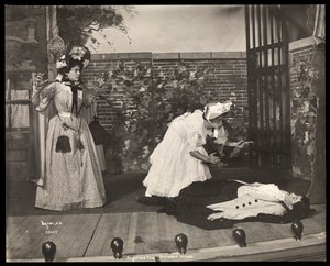 A scene from an amateur production of a play titled Angelina, The Orphaned Heiress presented at Barnard College, New York