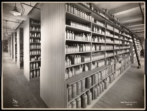 Interior view of a chemical storage room at Parke, Davis and Co., chemists, Hudson and Vestry Streets, New York, 1910 by Byron Company