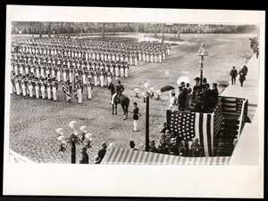View of Princess Eulalia of Spain reviewing the 7th Regiment marching in the Columbus Celebration Parade at the Savoy Hotel, New York, 1899 by Byron Company