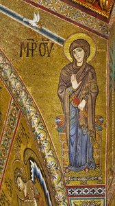 Announciate Virgin, Byzantine mosaic with a golden background in the tympanum of the apse