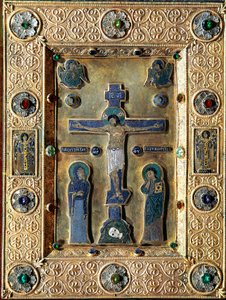 Evangelical of gold and enamel decorated with gold leaves repels with filigree crucifix representing the Virgin and Saint John