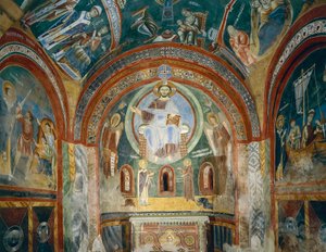 Chapel of Saint Eldrad and Saint Nicholas with Romanesque frescoes in Byzantine style, Late 11th century, Novalesa Abbey, Piedmont, Italy by Byzantine