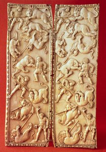 Diptych with a lion hunting scene
