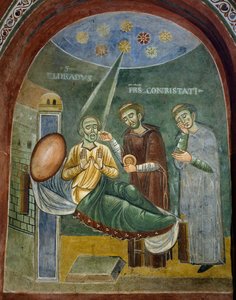 Saint Eldrad dying receiving the Eucharist (detail), Stories of Saint Eldrad, Romanesque fresco, Chapel of Saint Eldrad and Saint Nicholas, Novalesa Abbey, Piedmont, Italy (late 11th century)
