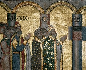 Byzantine Architecture: Discover the Urn of Saint Mark. Detail of Mosaic on Gold Background. Basilica di San Marco, Venice