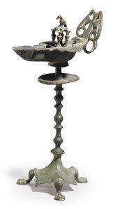 A Byzantine Bronze Oil Lamp and Stand, c.5th-6th Century AD