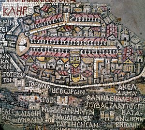 Byzantine art: oldest map of Palestine. Detail representing Jerusalem. Mosaic of the 6th century. Madaba, Church of St. George