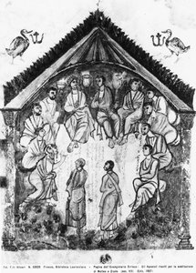 The apostles gathered for the replacement of Judas by Matthias, folio from the Rabula Gospels