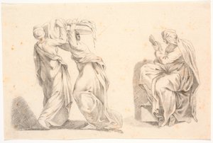 Two Women in Classical Garments Carrying a Basket and a Sibyl after Michelangelo