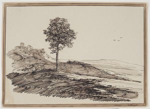 Mountain Landscape with Trees, Houses in the Background