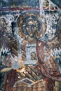 Horse, damaged fresco on ceiling of the church of Agios Vasileios, Vavouledo, Crete, Greece by J.B. and Brown J. Rowbotham