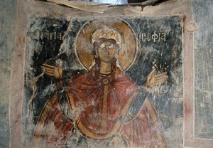 Saint, frescoed-walls in Church of Agios Georgios, Komitades, Crete, Greece