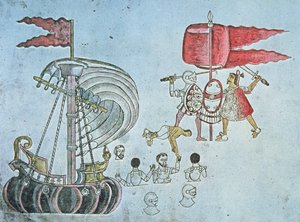 Spanish soldiers of Hernan Cortes wade ashore in 1519 to battle the Aztecs, copied from the Codex Azcatitlan, c.1550 by J.B. and Brown J. Rowbotham