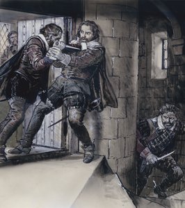 Lord Gowrie drawing a dagger on King James VI of Scotland by C.L. Doughty