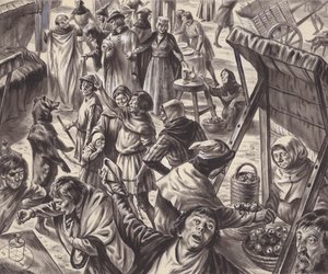 Merchants at a medieval fair by C.L. Doughty