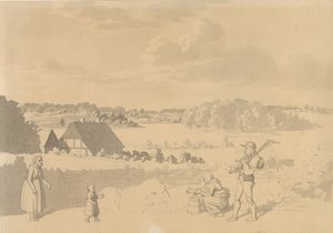 Landscape with a Lake, Surrounded by Forest and Fields, in the Foreground Peasants Playing with a Small Child