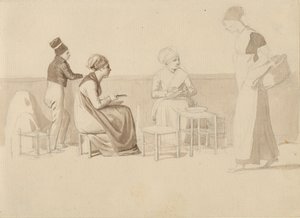 Scene from a Yard or Quay in Paris. Four Sitting, Standing, and Walking Figures. by Christoffer Wilhelm Eckersberg