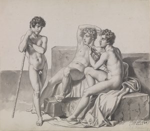 Three Young Naked Boys Standing or Sitting Among Stone Blocks