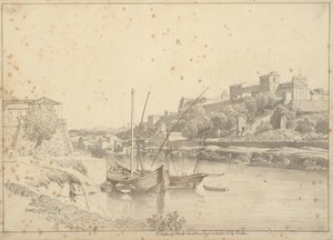 View over the Tiber at Porto di Ripa Grande outside Porta Portese towards Marmorata and the Churches on Monte Aventino, Rome by Christoffer Wilhelm Eckersberg