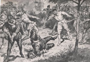 The Admiral, followed by his party, ran headlong at the Vera Cruz Guard, illustration from 