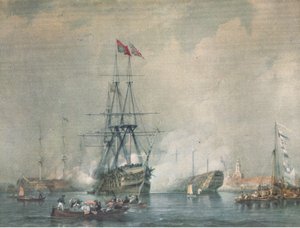 H M S Victory firing a Royal Salute at Portsmouth Harbour, from British Adventure published by Collins, 1947