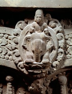 The god Indra in the center on Airavana and the Marut, the gods of the storm and the wind (Stone lintel, 600-650) by Cambodian